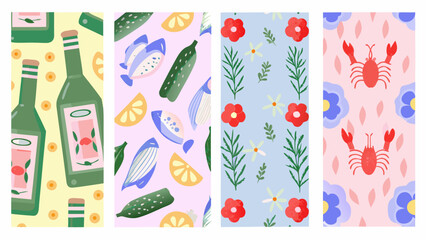 seamless patterns with canned seafood fish flowers and crabs in a hand drawn style © Chapala