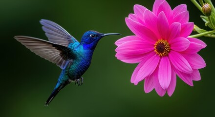 Fototapeta premium Vibrant Hummingbird Hovering Near a Beautiful Pink Dahlia Flower.