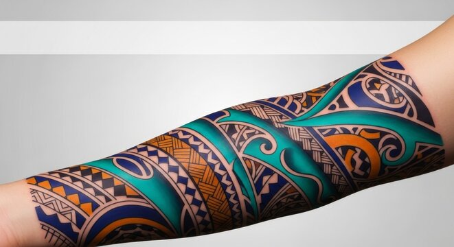 Close-up of a person's tattooed arm, showcasing a vibrant Polynesian-inspired design with blue, teal, and orange patterns against a light gray background.