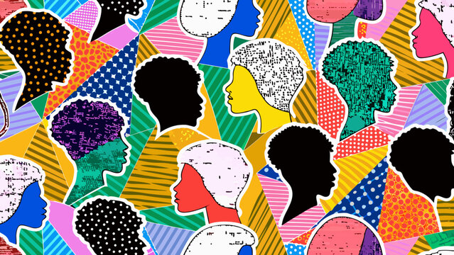 collection of diverse human profile silhouettes in a colorful patterned background
