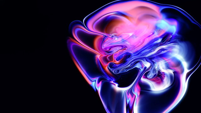 Luminous waves of neon multi-colored liquid swirl together with iridescent highlights against a dark background while fluid marble patterns create a high contrast psychedelic aesthetic