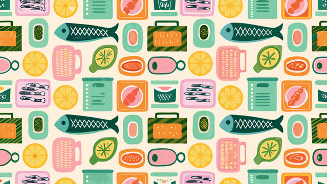 retro seafood pattern with fish citrus and canned goods on a pale background