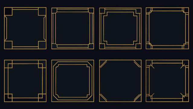 ten golden art deco frames arranged in two rows on a black background