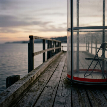 a cylindrical plastic isolator placed on a wooden pier extending into a calm sea
