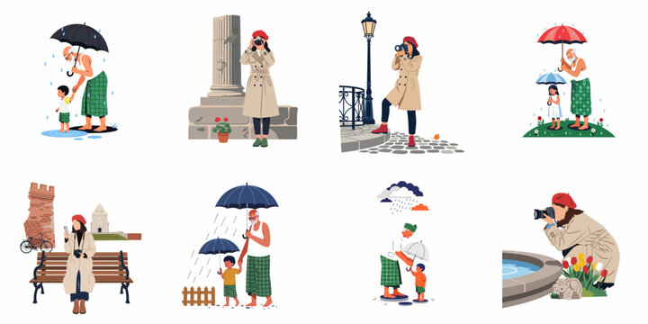 A diverse illustration collection featuring a female photographer in Europe and heartwarming scenes of a grandfather and grandson in rainy Asian settings.