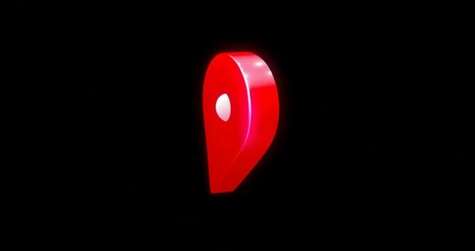 A bright red pin icon with a white dot is displayed prominently on a black background.