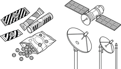 Snack packaging and satellite communication equipment outline vector illustration collection isolated on background © Mst
