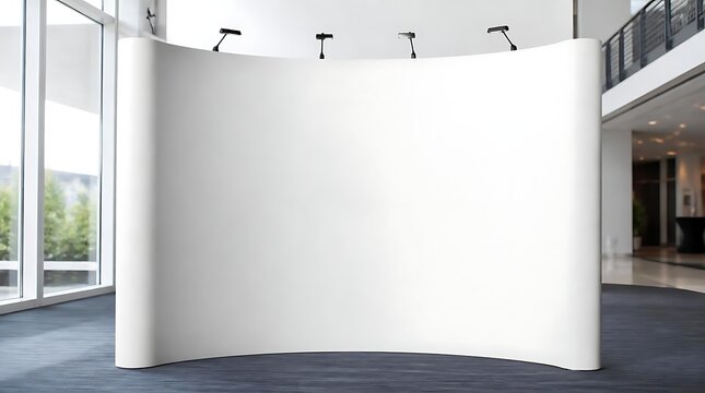 Large white curved display backdrop in a modern office setting ready for branding.