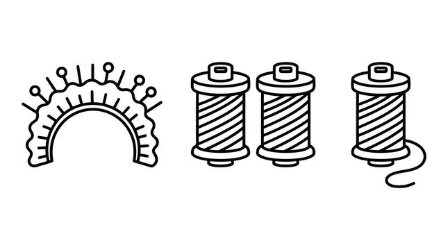 Sewing supplies: lace trim and thread spools icons with black and white