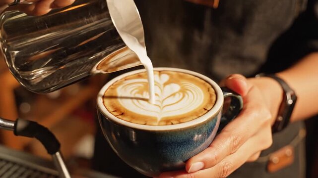 Barista pouring steamed milk creating beautiful latte art in coffee cup.