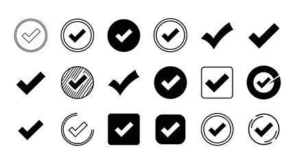 Set of checkmark and tick mark icons in various styles and shapes with checkmark © mdfoysol