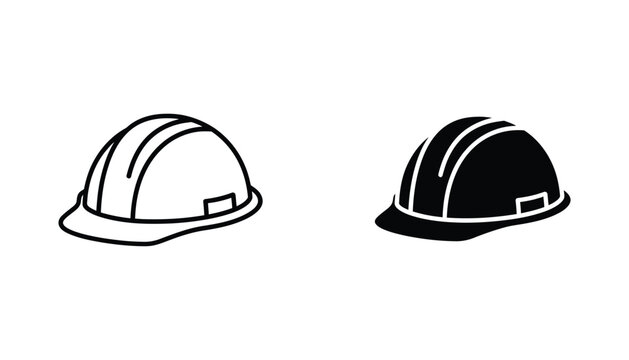 Industrial safety hard hat construction helmet vector illustration in thin line art and solid black silhouette icons for engineering and building sites