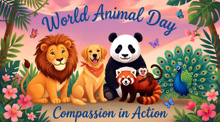 Fototapeta premium Cute cartoon animals celebrating world animal day with compassion in action theme surrounded by nature flowers and butterflies