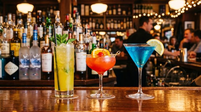Three colorful cocktails on a bar counter in a dimly lit pub