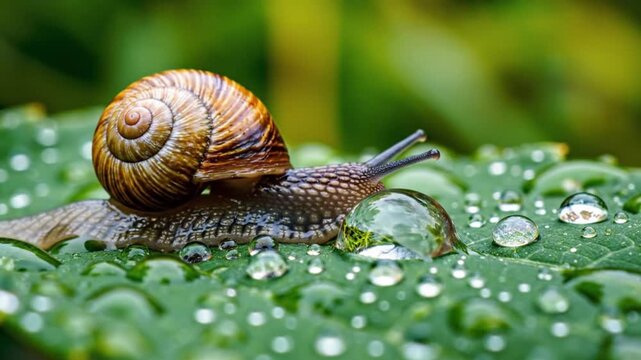 Snail Crawling on Green Leaf with Water Droplets After Rain