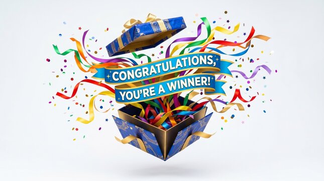 colorful celebration gift box exploding with confetti and winner banner on white backgroung made by AI generative