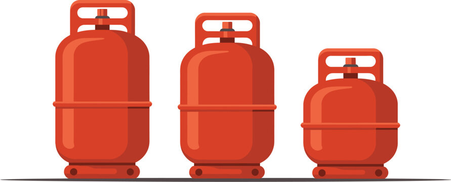 LPG gas cylinder, red propane tank containers for cooking fuel storage, household energy supply systems, industrial safety equipment vector illustration.
