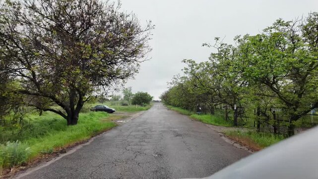 Slow-motion video shot from a moving silver car's perspective on a bumpy asphalt road in the countryside. The car's body 