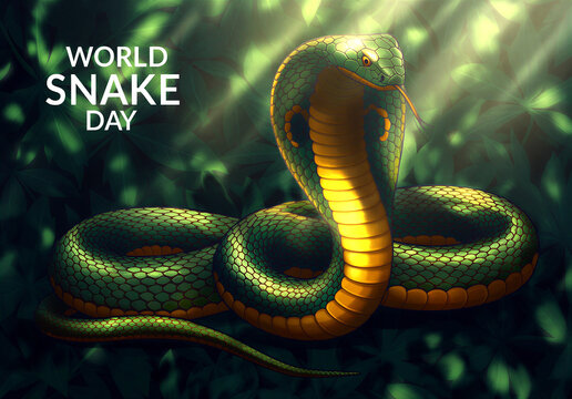 Illustration of a vibrant green cobra snake ready to strike on world snake day celebration concept