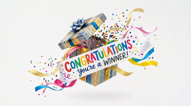colorful celebration gift box exploding with confetti and winner banner on white backgroung made by AI generative