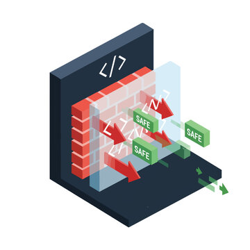 Isometric illustration of a secure firewall blocking malicious code