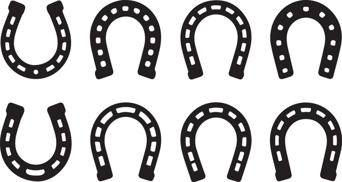 Set of horse shoe icons in black and white