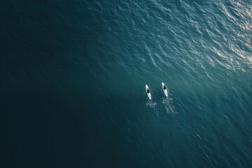 Obraz premium Two surfers paddling on surfboards in the ocean from an aerial view.