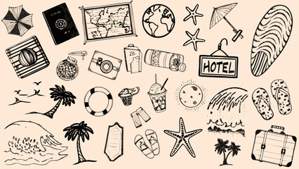 travel themed doodle set with beach elements tropical vacation sketches on a beige background © Nipa