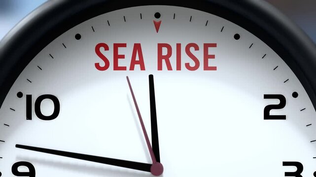 Sea Rise that is going to happen soon. Upcoming sea rise, approaching in the near future. Sea Rise almost here, in a short time - a clock symbolizes a reminder that sea rise is near.