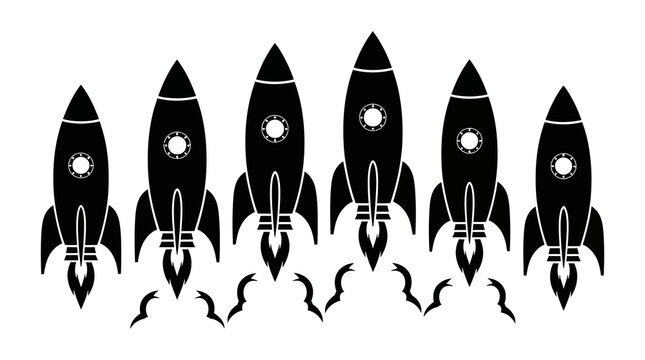 Six black rockets launching with flames and smoke blast off outer space