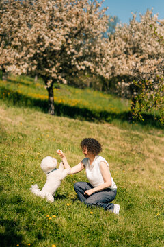 Curly Woman interacts with dog in a park setting