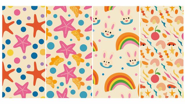 playful pattern with starfish rainbows and bunny faces colorful vector illustration