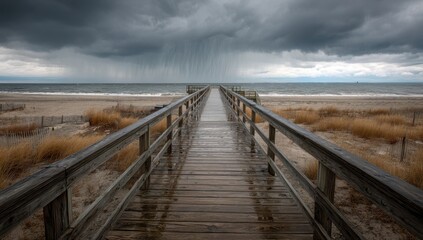 Fototapeta premium Wooden Boardwalk Leading to a Stormy Ocean Horizon.