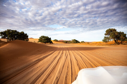 Vehicle Tracks Across Sand Dunes With Front Hood In Frame, Dynamic POV