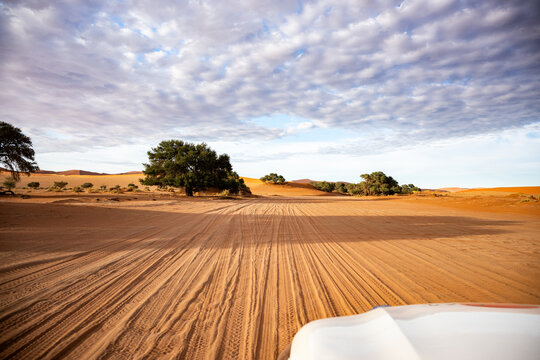 POV of Vehicle Tracks Across Desert Plain in Namibia