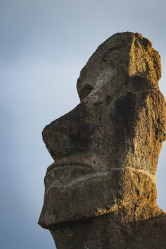 Golden hour light on Easter Island Moai head