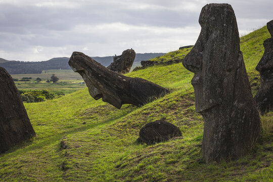 Moai statues on the grassy slopes of Easter Island