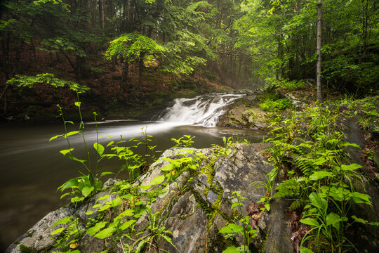 A silky waterfall cascades through a lush green forest
