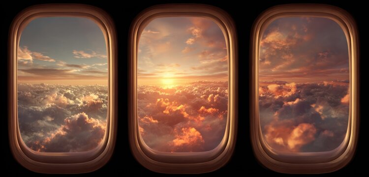 Three airplane windows showing a beautiful sunset over the clouds.