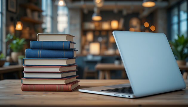 laptop and stack of books on library desk for study and reading