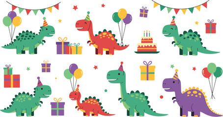 Cute Birthday Dinosaur Character Set with Party Hats, Balloons, Cake, Gifts and Banners for Kids Celebration Designs © MdMojnu