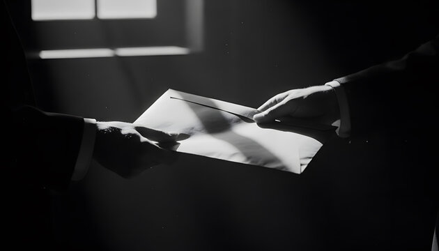 Person hands envelope to another person in a dark room with light shining through a window