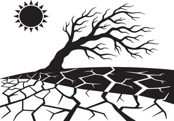 Obraz premium Black and White Illustration of a Dead Tree on Cracked Earth in a Drought