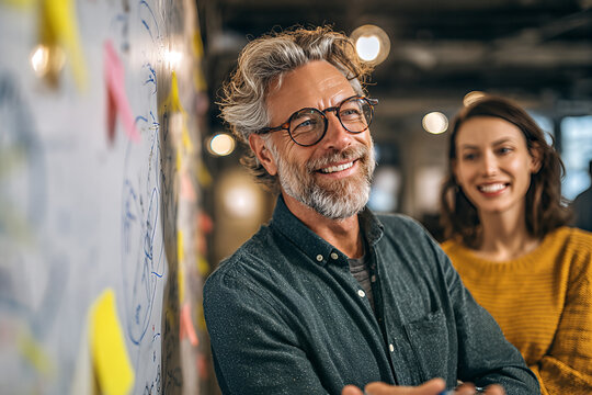 Caucasian businessman with gray beard and round glasses leaning against whiteboard covered in colorful post - its, smiling beside colleague in mustard sweater