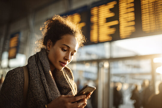 Solo businesswoman in wool herringbone coat and scarf, backlit by golden station departure board, checking smartphone with thoughtful half smile