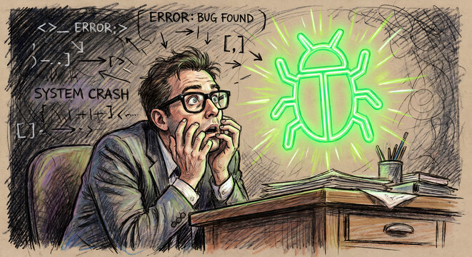 Shocked IT Engineer Staring at Giant Glowing Software Bug Floating Over Computer Monitor
