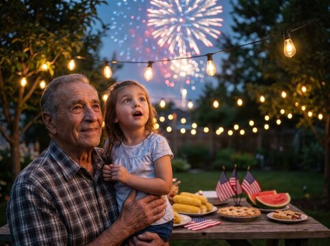 A grandfather and granddaughter watch evening fireworks at a family celebration.
