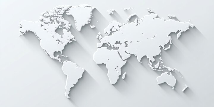 Minimalist World Map with Subtle Shadow Effect on White Background.