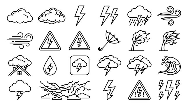 Hand drawn severe weather warning icon set with storm clouds, lightning, wind, flood, fire, danger signs and natural disaster symbols