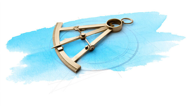 Antique brass sextant on blue watercolor background illustration